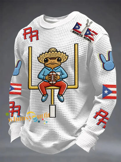 Men’s Bunny Football Music Lover Printed Waffle Long Sleeve Top White / S