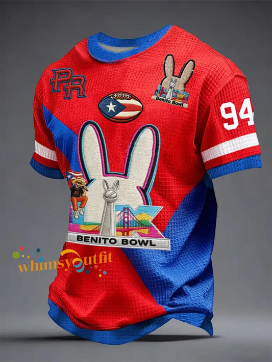 Men’s Bunny Football Music Lover Printed Waffle Short Sleeve Blue-Red / S