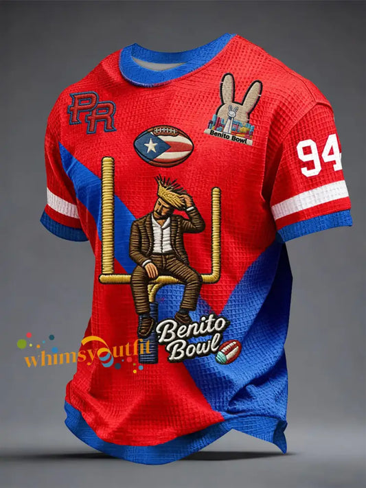 Men’s Bunny Football Music Lover Printed Waffle Short Sleeve Blue-Red / S