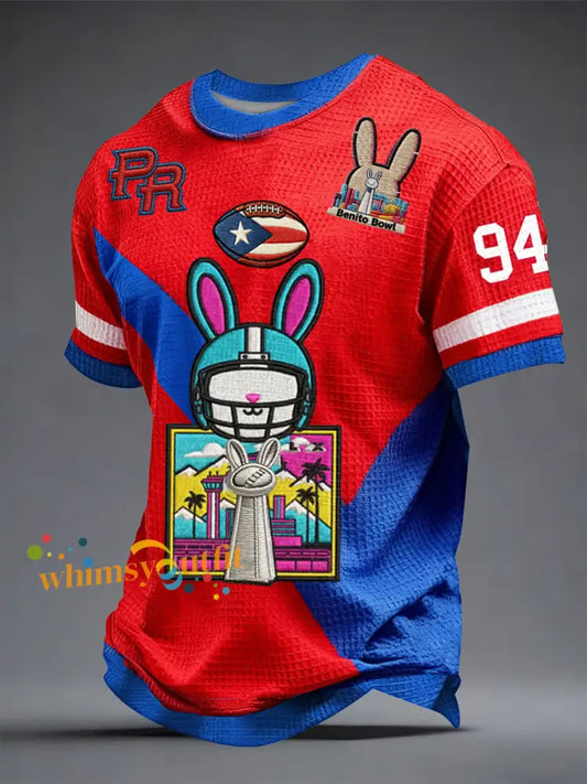 Men’s Bunny Football Music Lover Printed Waffle Short Sleeve Blue-Red / S