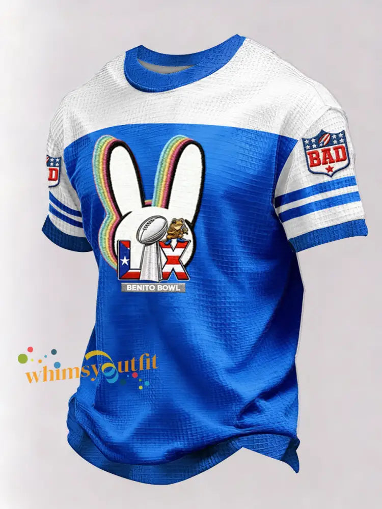 Men’s Bunny Football Music Lover Printed Waffle Short Sleeve Blue / S