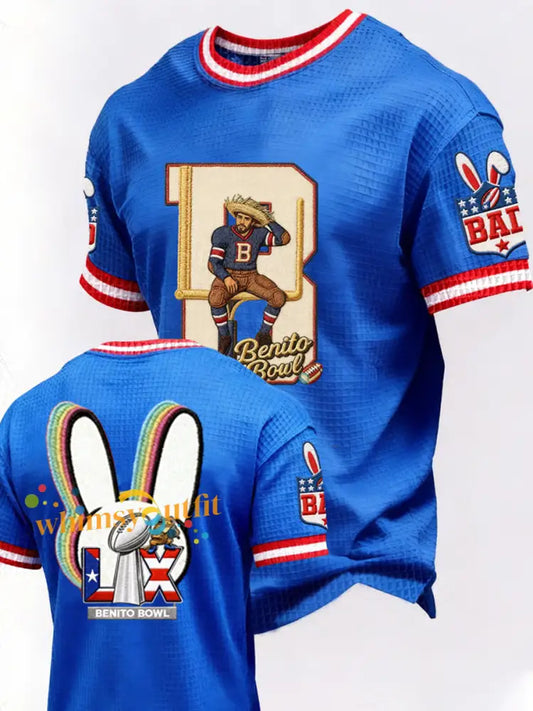 Men’s Bunny Football Music Lover Printed Waffle Short Sleeve Blue / S