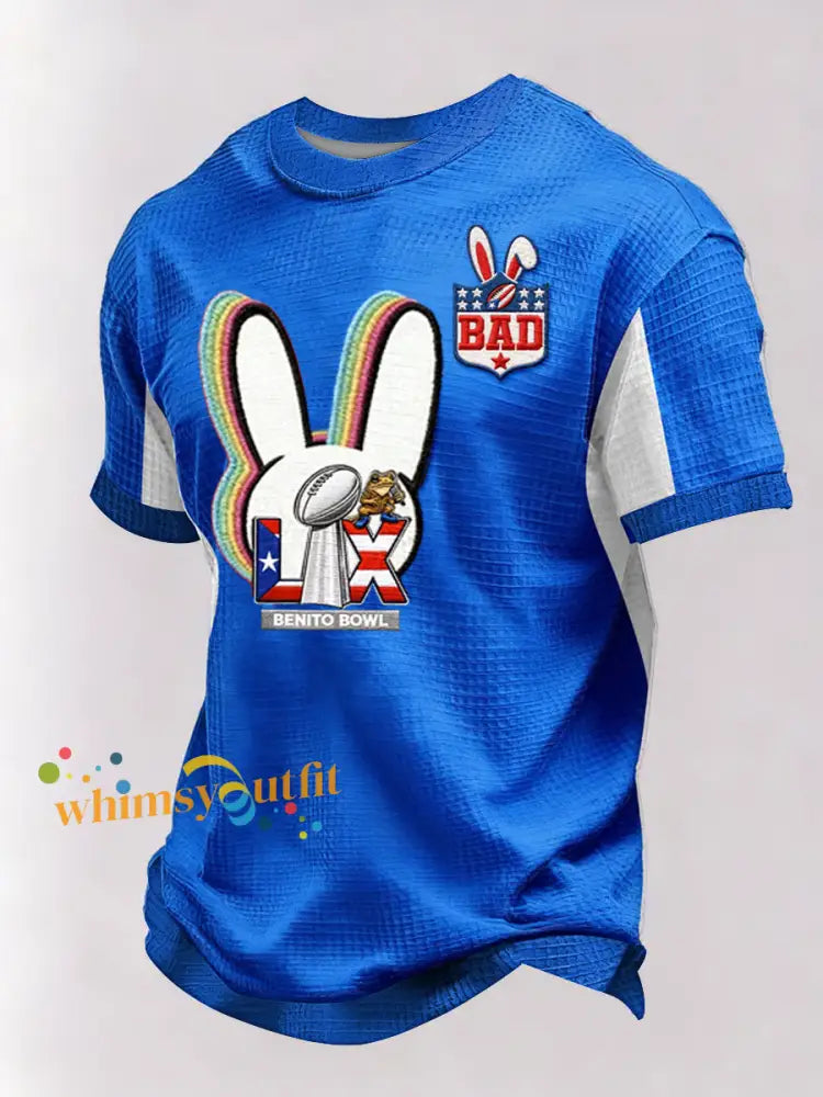 Men’s Bunny Football Music Lover Printed Waffle Short Sleeve Blue / S