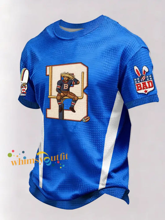 Men’s Bunny Football Music Lover Printed Waffle Short Sleeve Blue / S