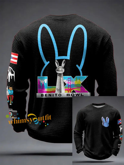 Men’s Bunny Football Music Lover Printed Waffle Tops Black / S