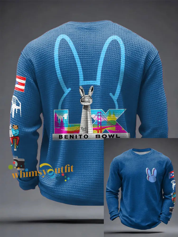 Men’s Bunny Football Music Lover Printed Waffle Tops Blue / S