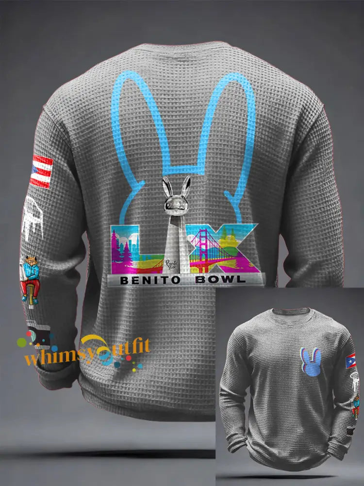 Men’s Bunny Football Music Lover Printed Waffle Tops Light Gray / S