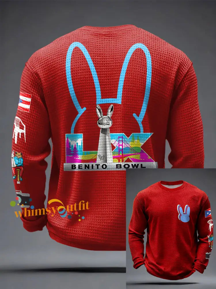Men’s Bunny Football Music Lover Printed Waffle Tops Red / S