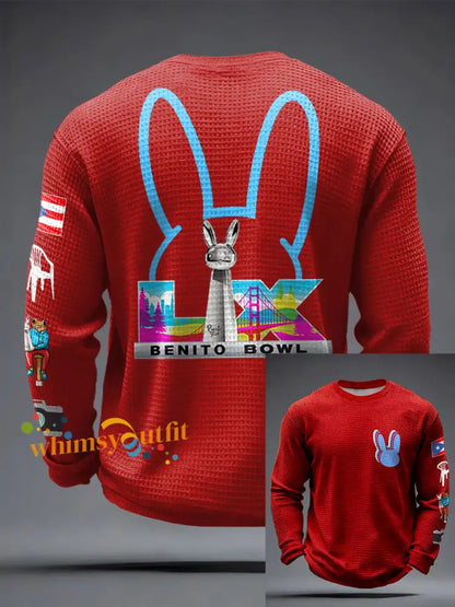 Men’s Bunny Football Music Lover Printed Waffle Tops Red / S