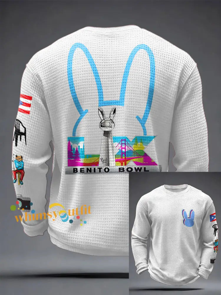 Men’s Bunny Football Music Lover Printed Waffle Tops White / S