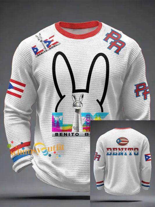 Men’s Bunny Football Music Lover Printed Waffle Tops White / S