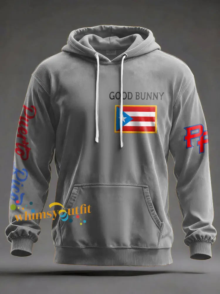 Men’s Bunny Music Lover Printed Hoodie Light Gray / S