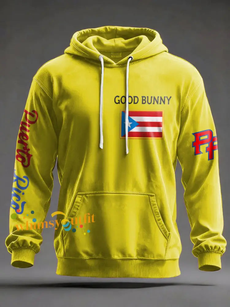 Men’s Bunny Music Lover Printed Hoodie Yellow / S