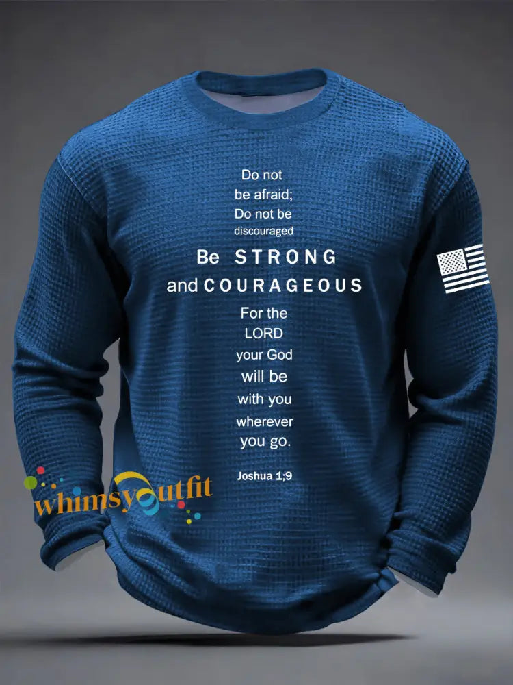Men’s Christian Be Strong and Courageous Cross Waffle Long Sleeve T-Shirt Blue / S