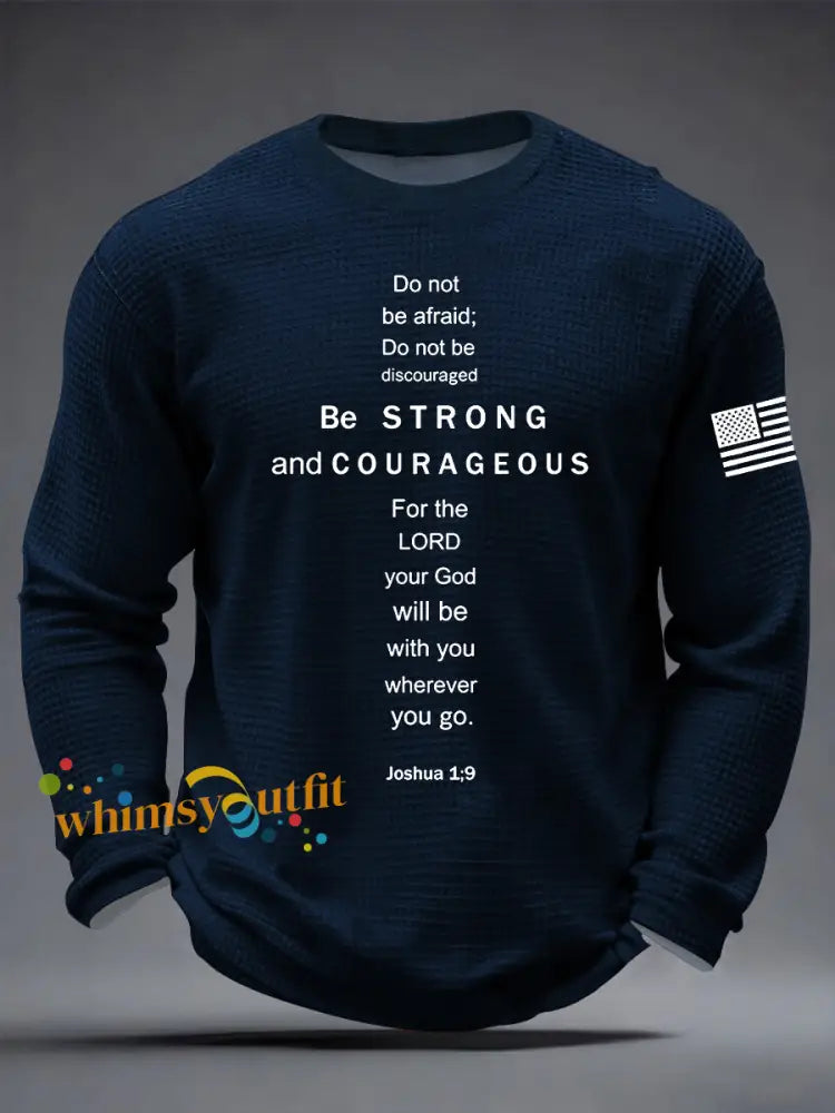Men’s Christian Be Strong and Courageous Cross Waffle Long Sleeve T-Shirt Navy Blue / S