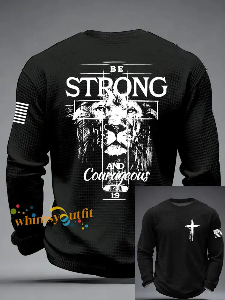 Men’s Christian Cross Be strong and courageous sign Joshua 1:9 Waffle Long Sleeve T-Shirt Black / S
