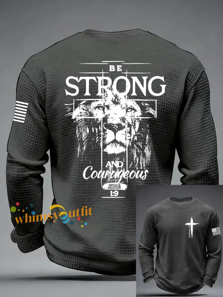 Men’s Christian Cross Be strong and courageous sign Joshua 1:9 Waffle Long Sleeve T-Shirt Dark Gray / S