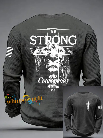 Men’s Christian Cross Be strong and courageous sign Joshua 1:9 Waffle Long Sleeve T-Shirt Dark Gray / S