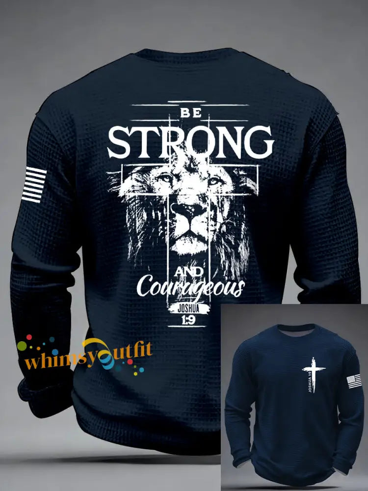 Men’s Christian Cross Be strong and courageous sign Joshua 1:9 Waffle Long Sleeve T-Shirt Navy Blue / S