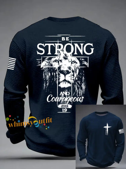 Men’s Christian Cross Be strong and courageous sign Joshua 1:9 Waffle Long Sleeve T-Shirt Navy Blue / S