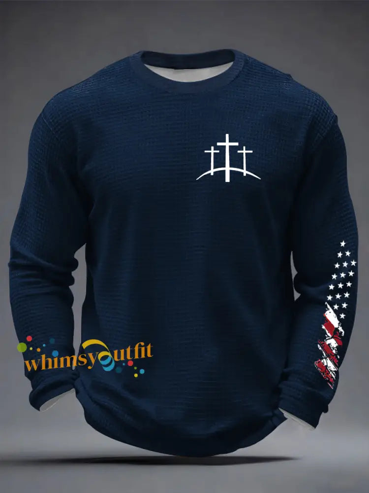 Men’s Christian Cross Waffle Long Sleeve T-Shirt Navy Blue / S