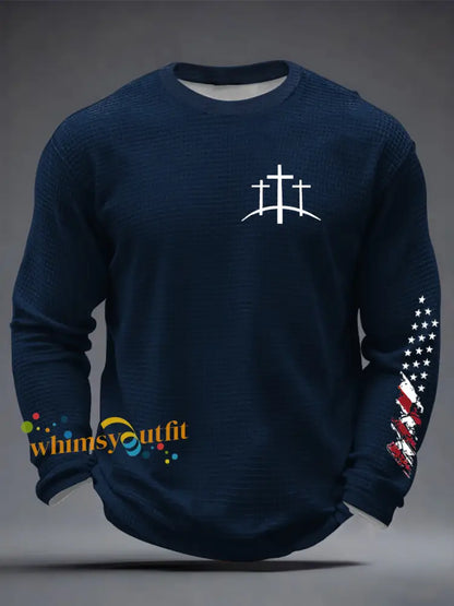 Men’s Christian Cross Waffle Long Sleeve T-Shirt Navy Blue / S