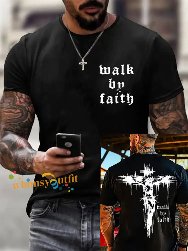 Men’s Christian Walk By Faith Cross Print Short Sleeve T-shirt Black / S