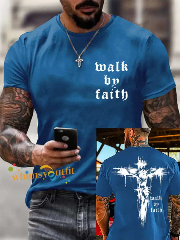 Men’s Christian Walk By Faith Cross Print Short Sleeve T-shirt Blue / S