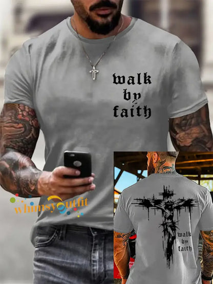 Men’s Christian Walk By Faith Cross Print Short Sleeve T-shirt Light Gray / S