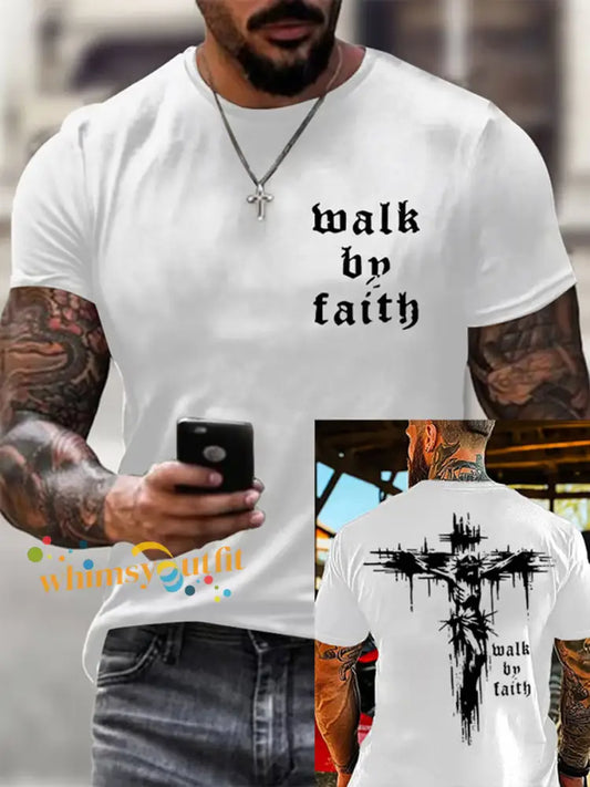 Men’s Christian Walk By Faith Cross Print Short Sleeve T-shirt White / S
