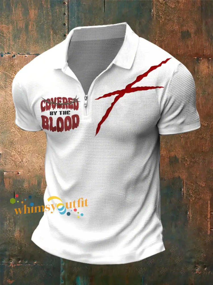 Men’s Covered By The Blood Print zip up short sleeve White / S