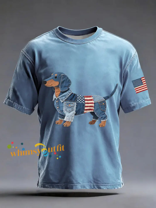 Men’s Denim Patchwork Art Dachshund Dog Pattern Washed T-Shirt Blue / S