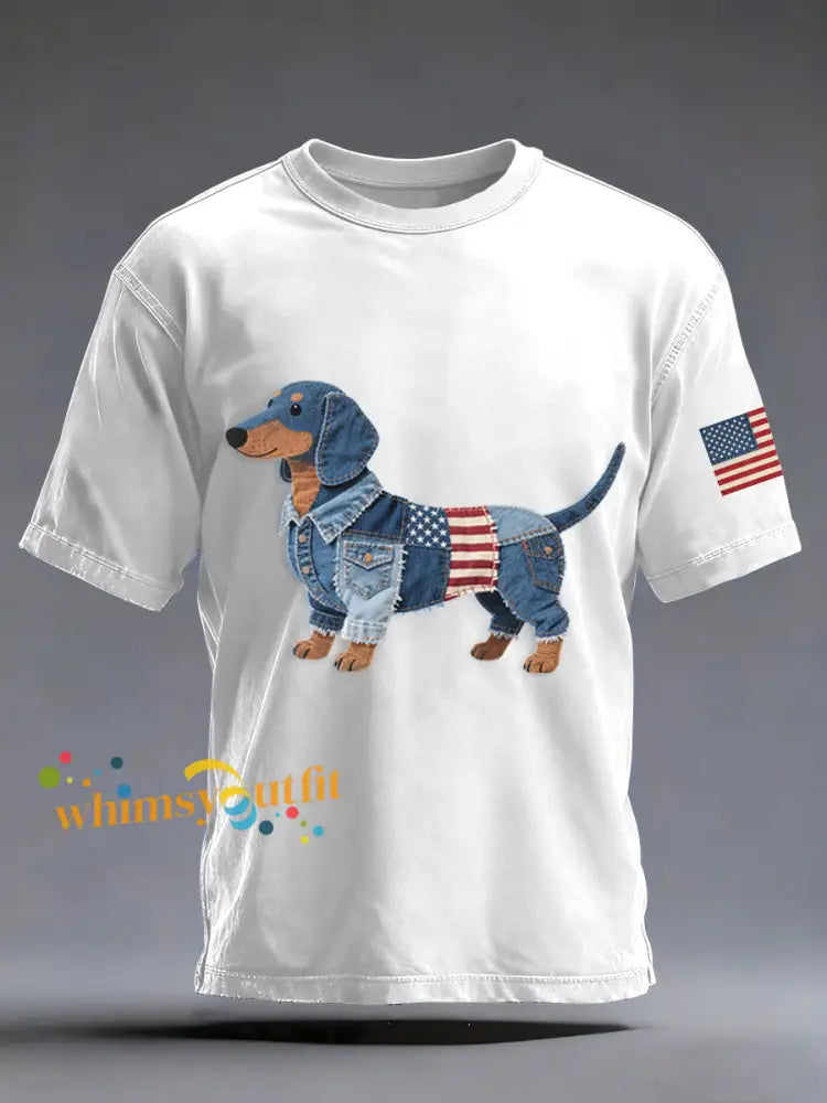 Men’s Denim Patchwork Art Dachshund Dog Pattern Washed T-Shirt White / S