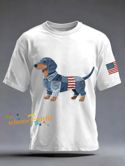 Men’s Denim Patchwork Art Dachshund Dog Pattern Washed T-Shirt White / S