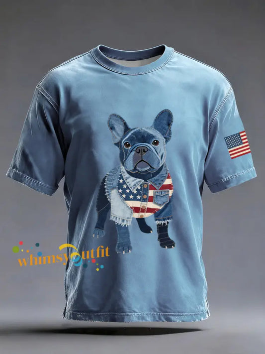 Men’s Denim Patchwork Art French Bulldog Pattern Washed T-Shirt Blue / S