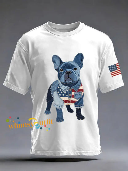 Men’s Denim Patchwork Art French Bulldog Pattern Washed T-Shirt White / S