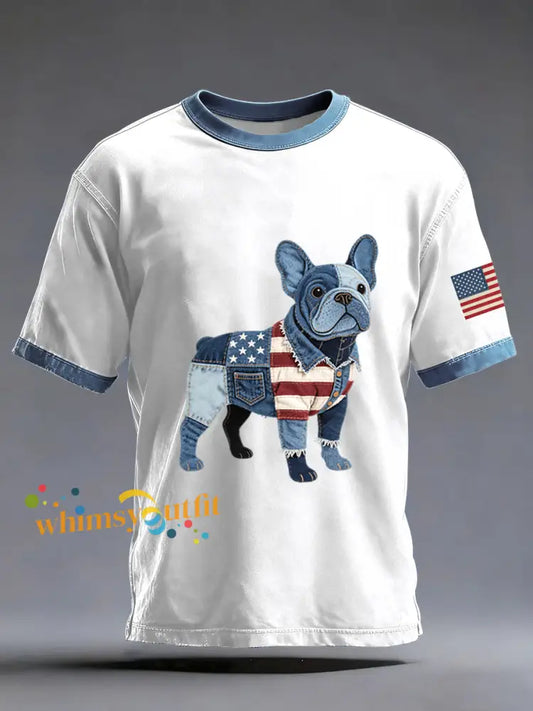 Men’s Denim Patchwork Art French Bulldog Pattern Washed T-Shirt White / S
