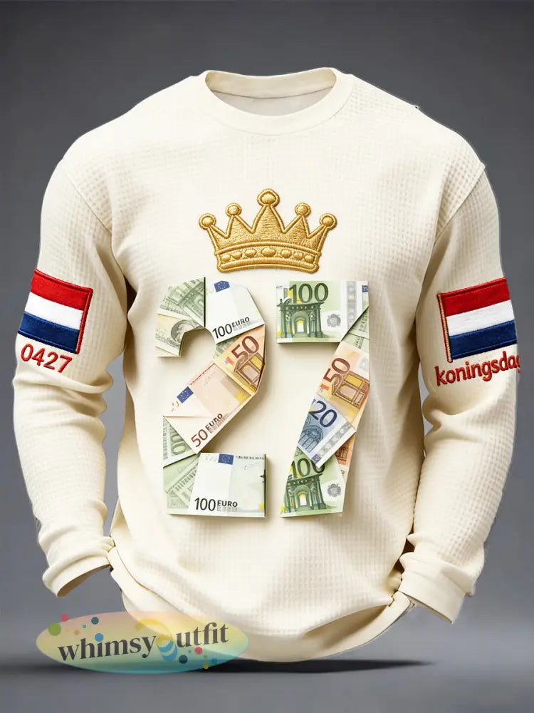 Men’s Dutch King’s Day 27 Creative Print Casual Waffle Weave Long-Sleeved T-Shirt - Apricot / S