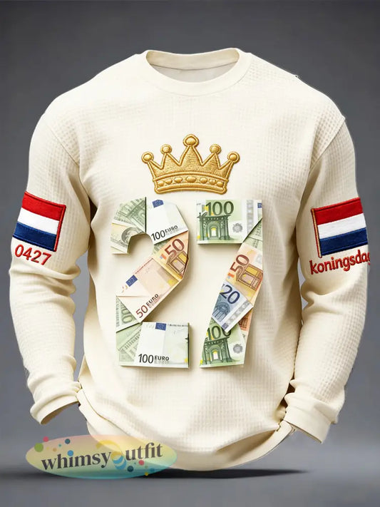 Men’s Dutch King’s Day 27 Creative Print Casual Waffle Weave Long-Sleeved T-Shirt - Apricot / S