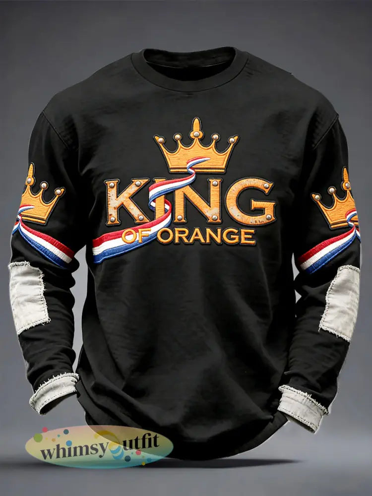 Men’s Dutch King’s Day Patchwork Print Black Casual Long-Sleeved T-Shirt - Black / S