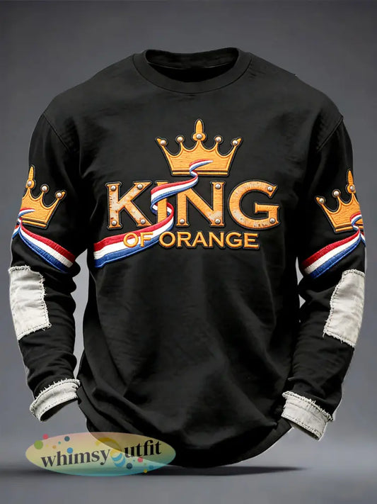 Men’s Dutch King’s Day Patchwork Print Black Casual Long-Sleeved T-Shirt - Black / S