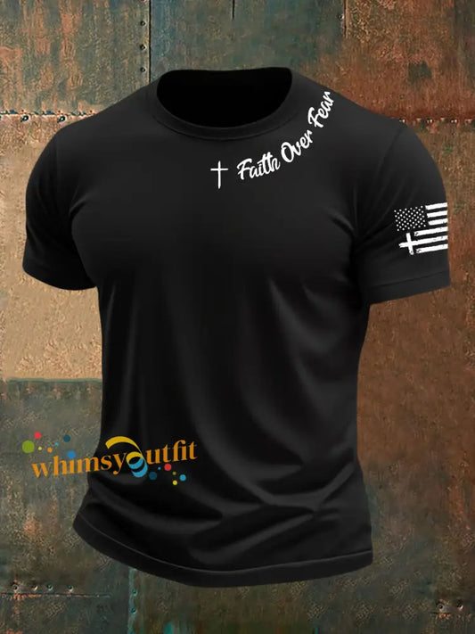 Men’s Faih Over Fear Flag Cross Print Short Sleeve T Shirt Black / S