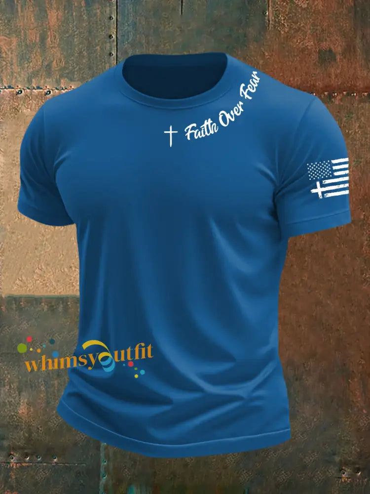 Men’s Faih Over Fear Flag Cross Print Short Sleeve T Shirt Blue / S