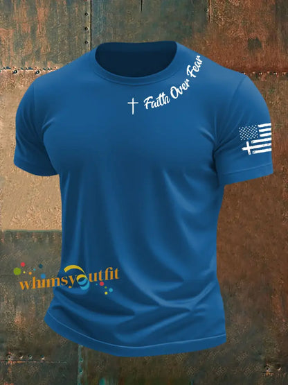 Men’s Faih Over Fear Flag Cross Print Short Sleeve T Shirt Blue / S
