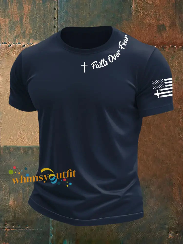 Men’s Faih Over Fear Flag Cross Print Short Sleeve T Shirt Navy Blue / S