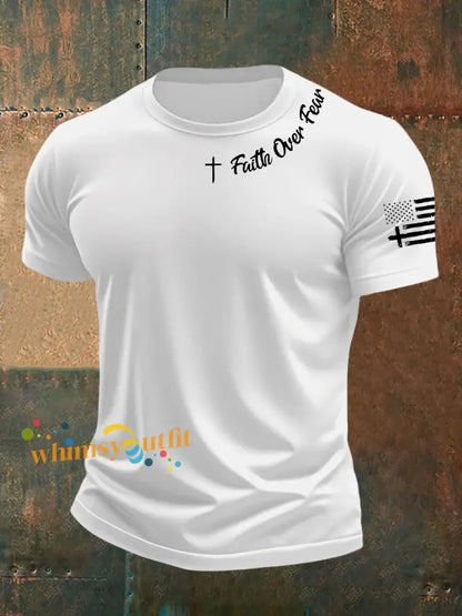 Men’s Faih Over Fear Flag Cross Print Short Sleeve T Shirt White / S