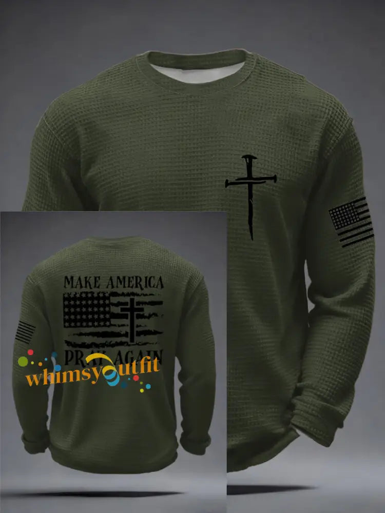 Men’s Faith Cross MAKE AMERICA PRAY AGAIN Waffle Long Sleeve T-Shirt Army Green / S