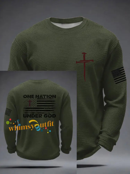 Men’s Faith Cross NATION ONETUNDEROF GOD Waffle Long Sleeve T-Shirt Army Green / S