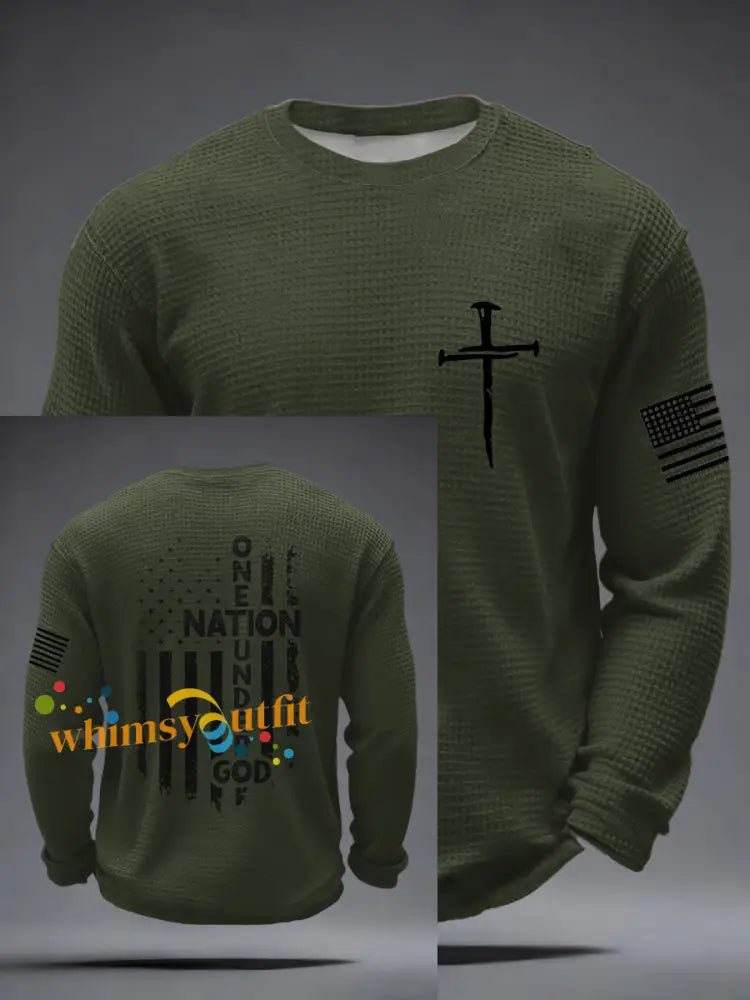 Men’s Faith Cross NATION ONETUNDEROF GOD Waffle Long Sleeve T-Shirt Army Green / S