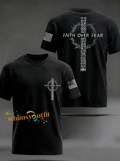 Men’s Faith Over Fear Print Casual Tee Black / S